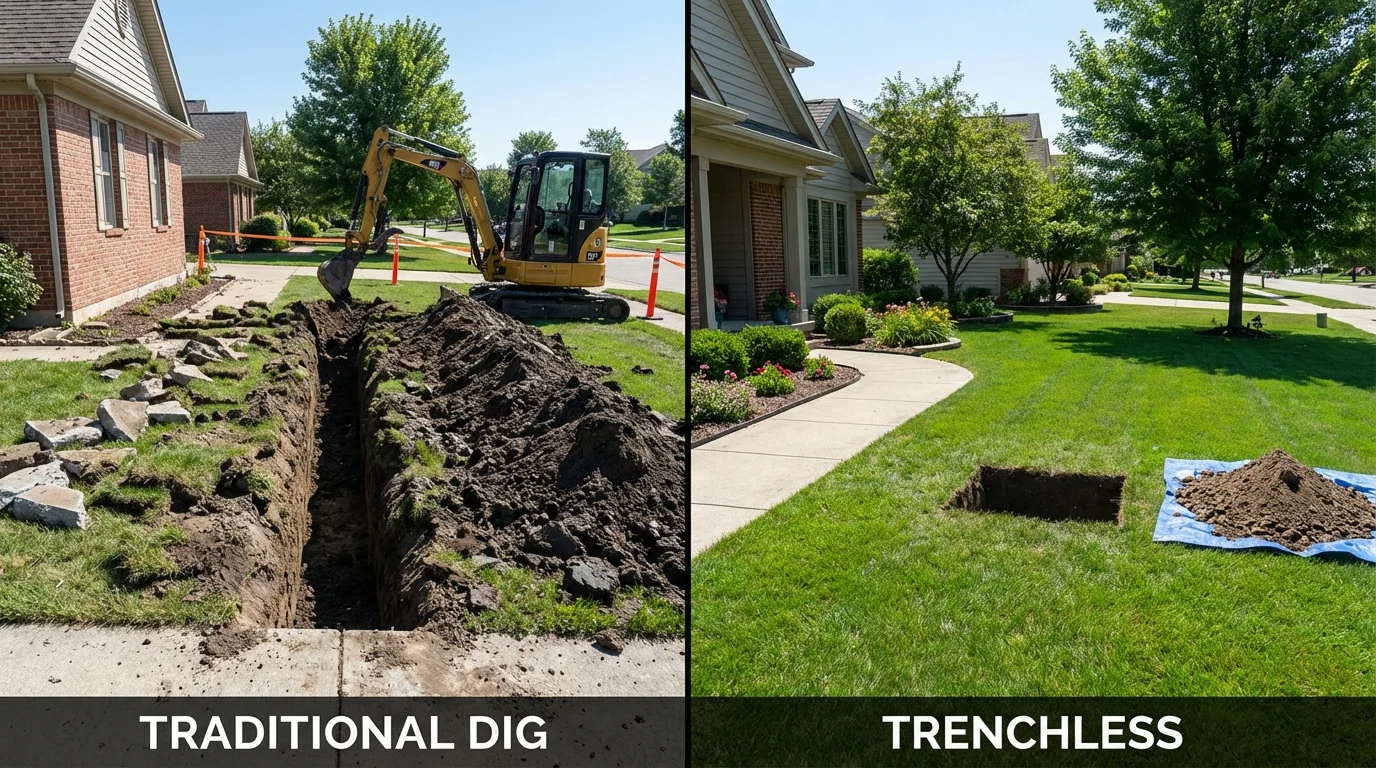 Trenchless sewer repair with minimal yard damage versus traditional excavation in Neoga, IL